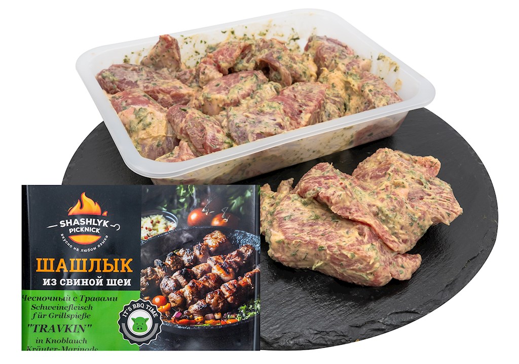 1,0 kg PICKNICK Schaschlik SchFl Knobi/Kräuter "Travkin" -18°C // Шашлык из свинины Чесночный с травами "TRAVKIN"