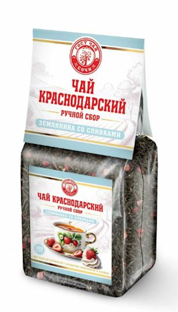 100g KrasnodarGostTee Schwarzer Tee „Erdbeeren mit Sahne“ // Черный Чай "Земляника со сливками" 