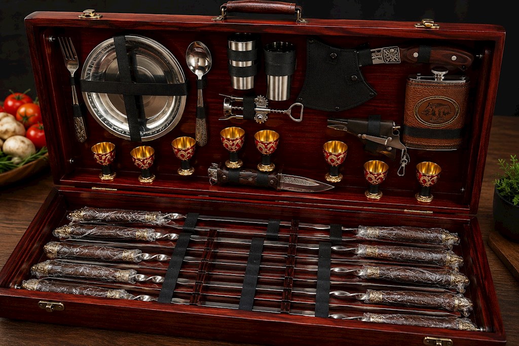 Spieß-Set „Rubin“ im Holzkasten – 30-teilig 1Set. // Набор шампуров «Рубин» в деревянном ящике — 30 предметов