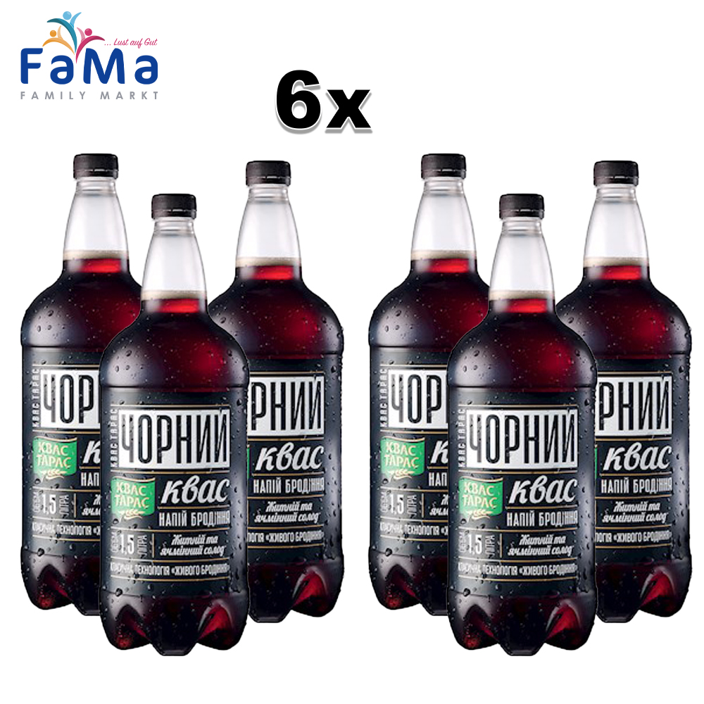 6er Pack Kwas Taras dunkel 9 Liter 6Fl je 1,5 Liter Brotgetränk aus der Ukraine Квас Тарас хлебный Хлібний