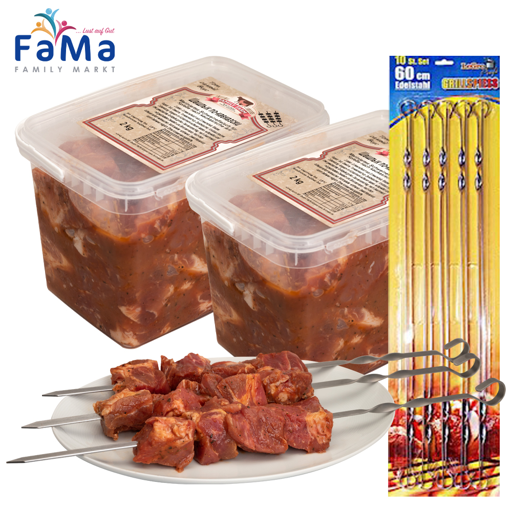 Grillzeit 4kg Schweineschaschlik und 10 Spieße 60cm